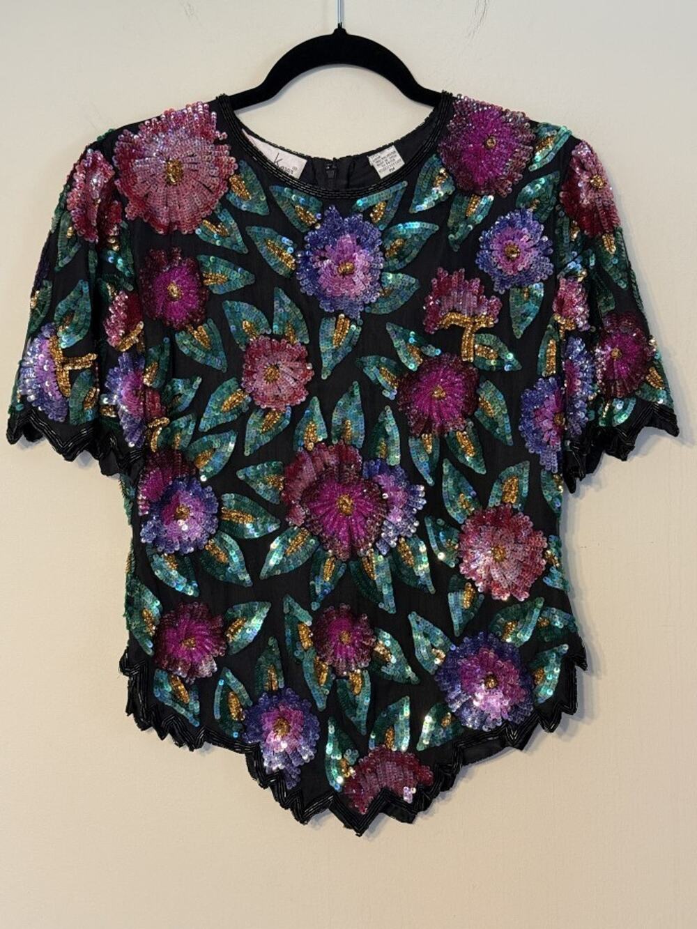 VTG Laurence Kazar New York PM Floral Sequin Beaded Silk Blouse Gatsby Glam 80s